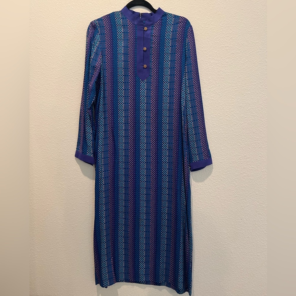 VTG 70s Nat Kaplan Couture Maxi Hostess Dress Caftan Multicolor Checkered M/L